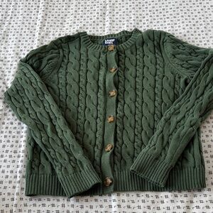 Lands' End cotton cable cardigan, medium pine green, 
size S 6-8
